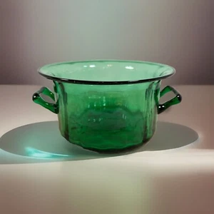 Blown Art Glass Emerald Green Pot Bowl Ice Bucket With Handles - Picture 1 of 7