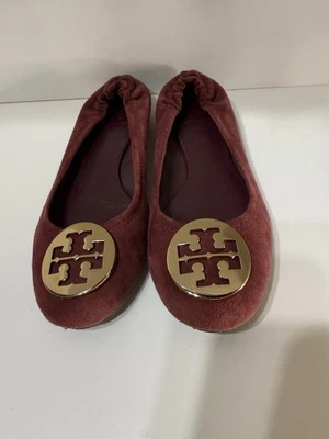 Tory Burch Gamuza Ballet Pisos Talla 7 Med Borgoña Vino Dorado Logo Estilo Reva Foto 1 de 4