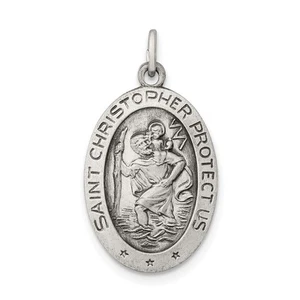 Sterling Silver Satin & Antiqued Oval St. Christopher Medal, 13 x 25mm - Picture 1 of 6