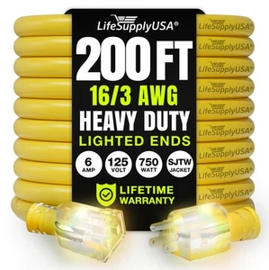 LifeSupplyUSA 200ft Outdoor/Indoor Extension Cord 16/3 Gauge Heavy Duty 3 Pro... - Picture 1 of 8