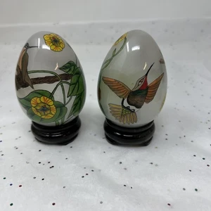 Set Of Two Vintage Hand Painted Hummingbirds From Inside Glass Eggs W/Wood Stand - Picture 1 of 15