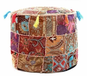 Embroidered ottoman puff Indian Beige Vintage cotton patch work footstool cover - Picture 1 of 3