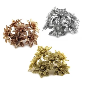 Weihnachtsblumen Baumschmuck 6 Stück Zweig Blumen Gold Silber 5,5x11cm NEU - Bild 1 von 4