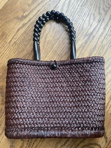 Majunga Handmade Small Straw Tote Bag With Wood Bead Handle/Closure Dark Brown - Picture 1 of 8