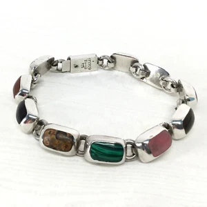 Vintage Multi-Edelstein TAXCO 925 Sterlingsilber schweres Gliederarmband - 7 1/5 Zoll - Bild 1 von 5