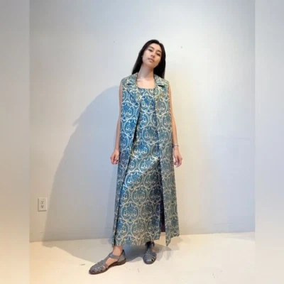 60s Blue and Green Gold Lamé Rayon/lurex Brocade Gown & Cape - Image 1 of 2