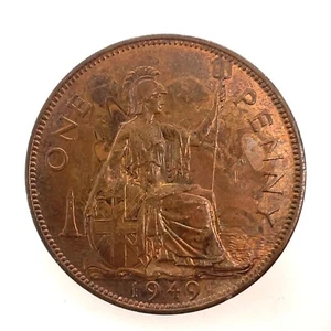 1949 Great Britain 1 Penny Uncirculated MS ++ RB Red-Brown Tone KM 869 - Picture 1 of 2