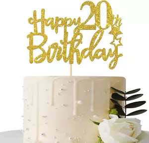 Gold Glitter Happy 20Th Birthday Cake Topper,Hello 20, Cheers to 20 Years, 20 & - Picture 1 of 12