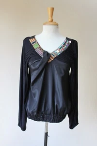 Desigual Long Sleeve Artsy Top Size M Black Sleeves V-neck Neck Art to Wear - Picture 1 of 5