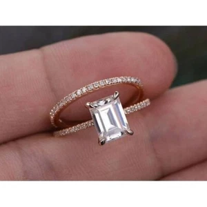 Engagement Ring Set Classic Emerald Cut 2CT Real Moissanite 14K Rose Gold Plated - Picture 1 of 8