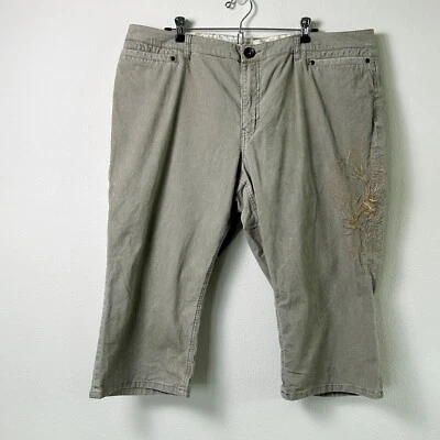 Venezia Corduroy Capris Size 22 Cropped Embroidered Bird Pale Green Stretch - Image 1 of 4