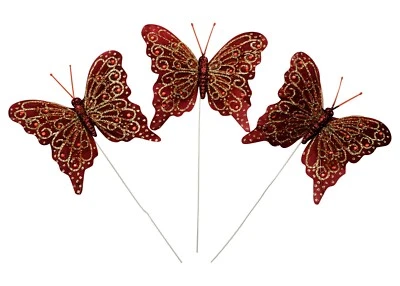 12 PIEZAS 4" Borgoña + Oro Brillo Pluma Mariposa Artesanía Hágalo Usted Mismo Boda Pastel Topper Foto 1 de 3