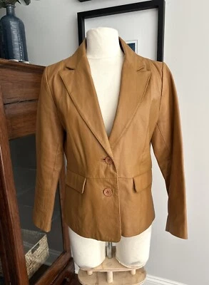 Vintage Bagatelle Womens 100% Leather Blazer Tan Camel 2 Button Size 10P - Image 1 of 4