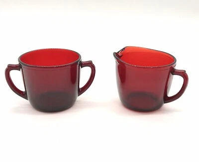 Vtg Royal Ruby Red Glass Creamer & Open Sugar Bowl Set Anchor Hocking - Image 1 of 4