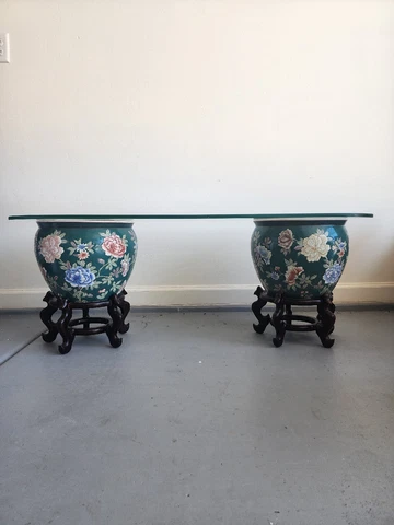 Vintage Large Chinese Oriental Court Pottery Fish Bowl Coffee Table/ Planter 12" Cover