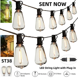 Outdoor Led String Light Plug in 50FT LED Lights with 25 Bulbs ST38 Shatterproof - Picture 1 of 24