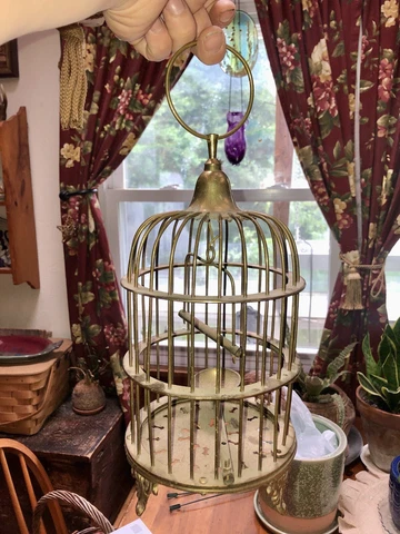 Antique Solid Brass Bird Cage Wildwood ? Original Patina / Perch Swing Feed Bowl Cover