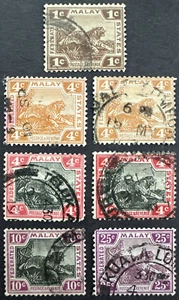 Malaya 1901-1929 Scott # 20a, 31, 49, 57, 67 Lot of 7 Used Tiger Stamps - Picture 1 of 2