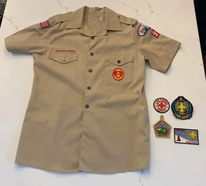 Camicia elegante Boy Scouts of America marrone con toppe ragazzo taglia large Morris NJ - Foto 1 di 15