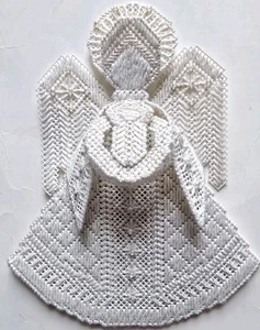 Vintage Kunststoff Leinwand Christbaumspitze weiß Engel & Jesuskind PERLEN Handarbeit - Bild 1 von 8