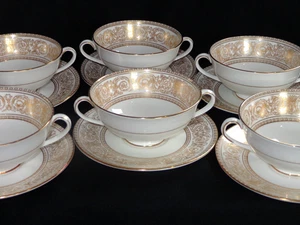 6 Sets Royal Doulton Bone China Gold SOVEREIGN Cream Soup Bowls & Liners (B) - Picture 1 of 4