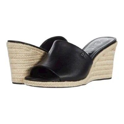 CALVIN KLEIN Bandera Cuero Punta Abierta Alpargata Yute Cuña Sandalia 8.5 Negro Usado en Excelente Condición Foto 1 de 4