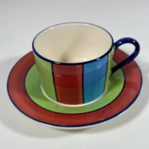 Whittard of Chelsea handbemalte Teetasse und Untertasse. Gestreifte helle Farben. - Bild 1 von 6