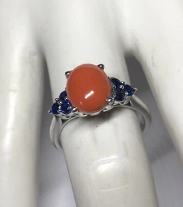 Sterling Silver Genuine Pink Coral & Lab Created Blue Sapphires Ladies Ring - Picture 1 of 8