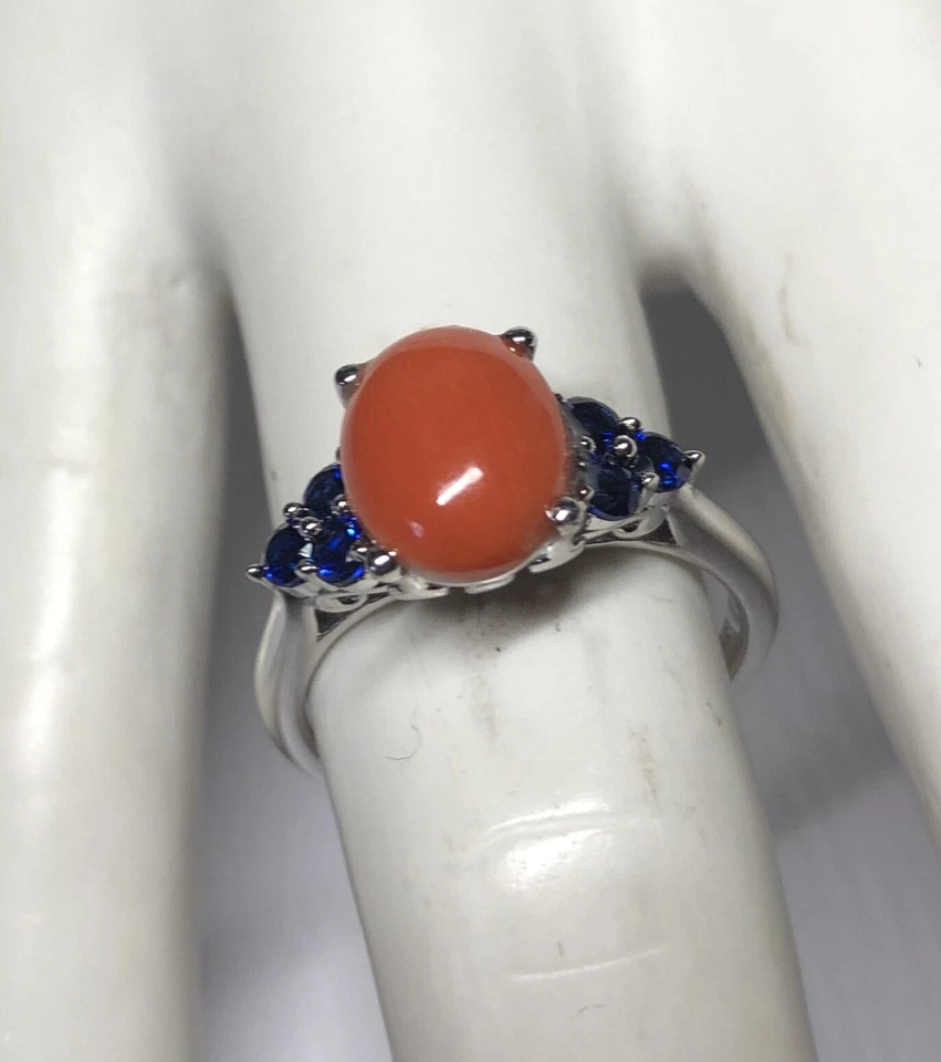 Anillo de plata esterlina genuino de coral rosa y zafiros azules creados en laboratorio para dama Foto 1 de 4