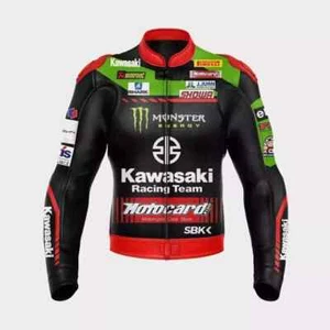 Kawasaki Monster Motorbike Racing Motorcycle Bike Rider Cowhide Leather Jacket - Bild 1 von 3
