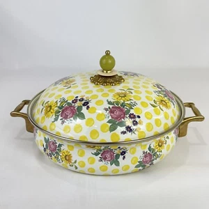 Mackenzie Childs Buttercup Squashed Pan Yellow Polka Dot Floral Print Enamel 10" - Picture 1 of 13