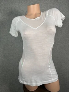 Lululemon Athletica Workout Mesh Shirt Short Sleeve Womens 4 White Green Striped - Picture 1 of 14