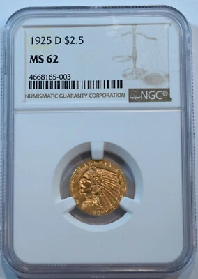 1925 D  $2  1/2 Gold  Indian  NGC  MS62  Quarter  Eagle - free shipping!! - Image 1 of 4