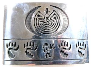 HOPI CLEMENT HONIE STERLING Cut Out Overlay Stamped HANDMADE Man in Maze BUCKLE - Picture 1 of 5