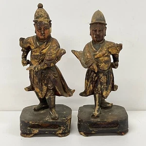 Pair Antique Chinese Carved Painted Giltwood Figures Ming Dynasty Soldiers 26cm - Picture 1 of 7