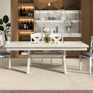 Set of 7 Solid Wood Dining Table Set Adjustable Kitchen Table Chair Dining Room - Picture 1 of 30
