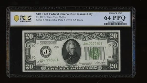 DBR 1928 $20 FRN Kansas City Numeral Fr. 2050-J PCGS-B 64 PPQ Serial J04727266A - Picture 1 of 2