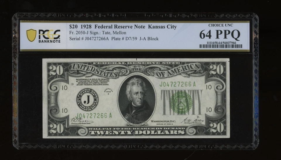 DBR 1928 $20 FRN Kansas City Numeral Fr. 2050-J PCGS-B 64 PPQ Serial J04727266A - Image 1 of 2