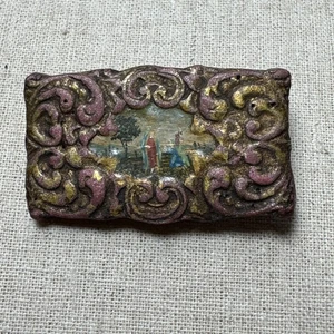 Vintage handbemalte verzierte vergoldete Barock Brosche Anstecknadel rechteckig malerische Tracht - Bild 1 von 5