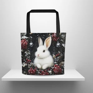 White Rabbit Christmas Tote Bag Cute Winter Bunny Wreath Holiday Shopping Bag - Picture 1 of 7