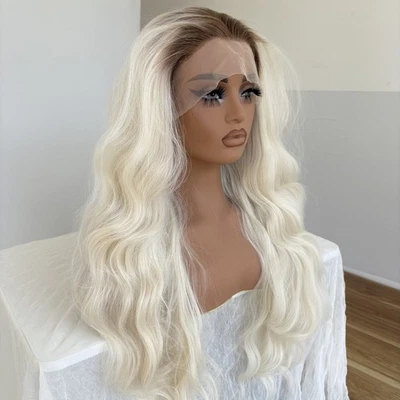 Peluca frontal de encaje en T resistente al calor cabello sintético ondulado largo suave rubio platino Foto 1 de 4