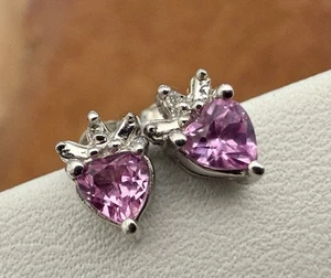 Elegant 10k White Gold Heart 💗 Pink Topaz & White Diamond Accent Stud Earrings - Picture 1 of 15