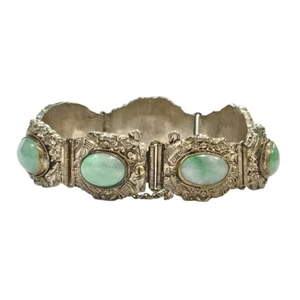 Vintage Chinese Export Silver Jadeite Bracelet Filigree Scrollwork Art Deco - Picture 1 of 8