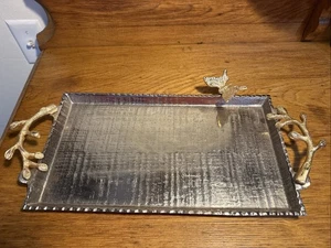 VTG Centerpiece Serving Tray Silver Gold Branch Handle & Gold Butterfly Cottage - Picture 1 of 9