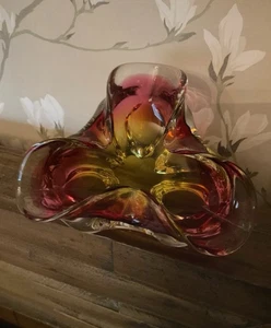 Vintage Chribska Glass Bowel Stunning Bohemian Pink Gold Sommerso Style Dish - Picture 1 of 9