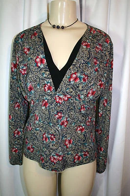 Sag Harbor 黑色蓝绿色米色花卉佩斯利印花 V 领弹力衬衫上衣,尺寸 S — 第 1/4 张图片