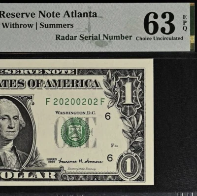 1999 $1 Federal Reserve Note PMG 63EPQ - Fancy Radar Serial Number 20200202 - Image 1 of 3