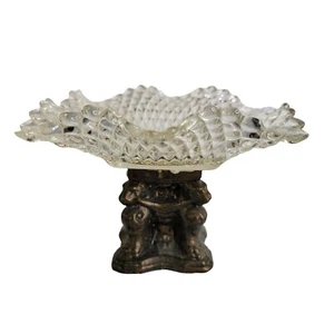 Vintage Diamond Point Square Ruffled Edge Glass Candy Dish on brass? Metal Stand - Picture 1 of 17