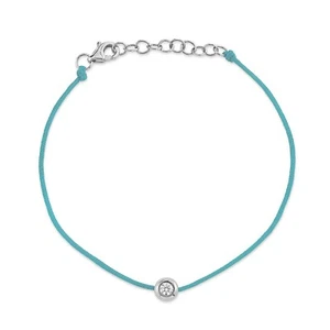 14K White Gold Diamond Turquoise String Bracelet Cord Bezel Set 0.10CT Natural - Picture 1 of 2
