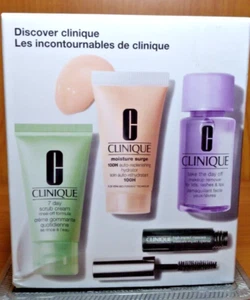 CLINIQUE DISCOVER 4 PC. BOX SET, MOISTURE SURGE 100H MASCARA 7 DAY SCRUB REMOVER - Picture 1 of 8